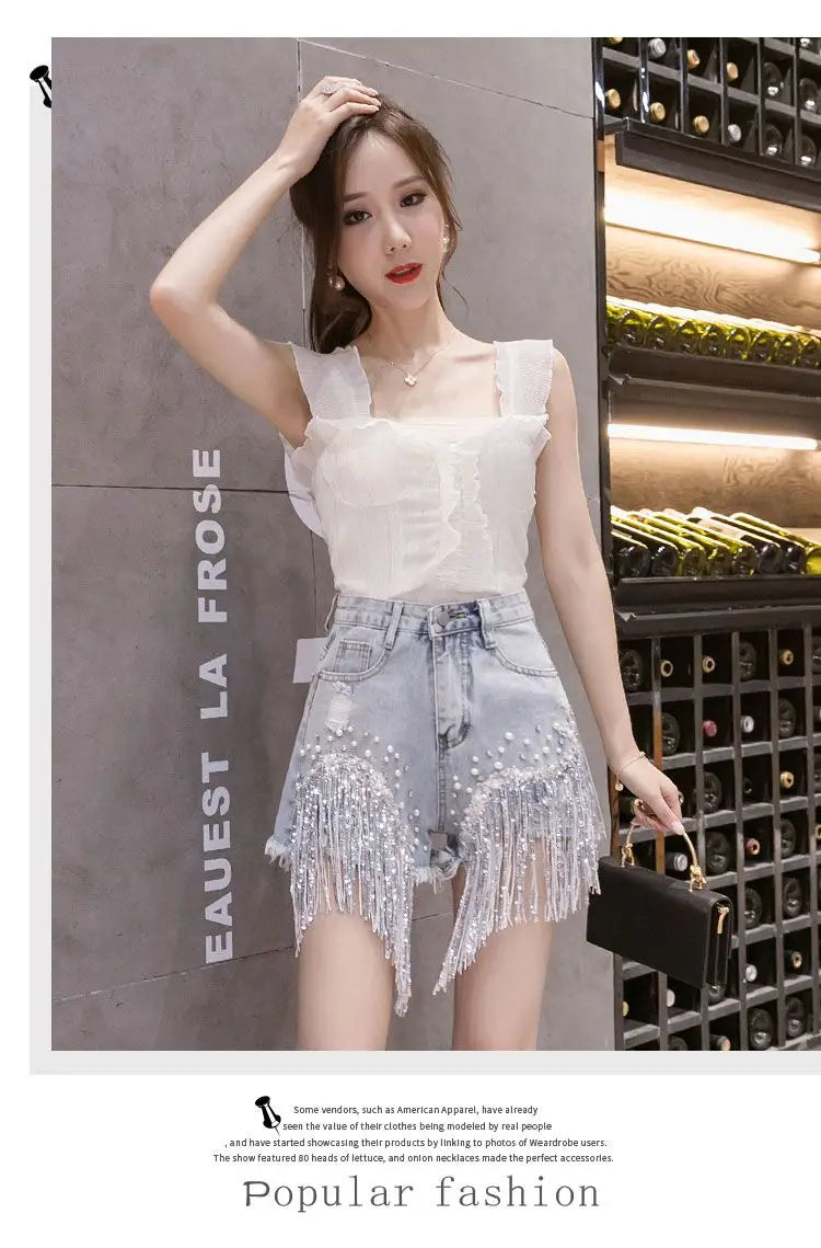 2026 Summer New Personalized Denim Shorts Women's High Waist Diamond Inlaid Heavy Industry sequins Tassel Denim Hot Pants Trendy