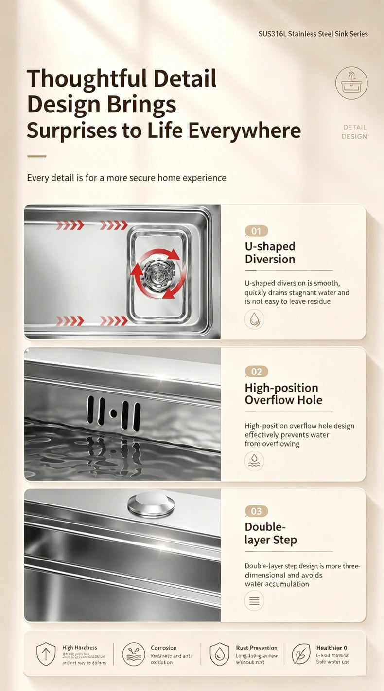 316L Stainless Steel Kitchen Sink Undermount Sinks Antiscratch Rice Granule Embossing Large Single Slot Dish Wash Basin