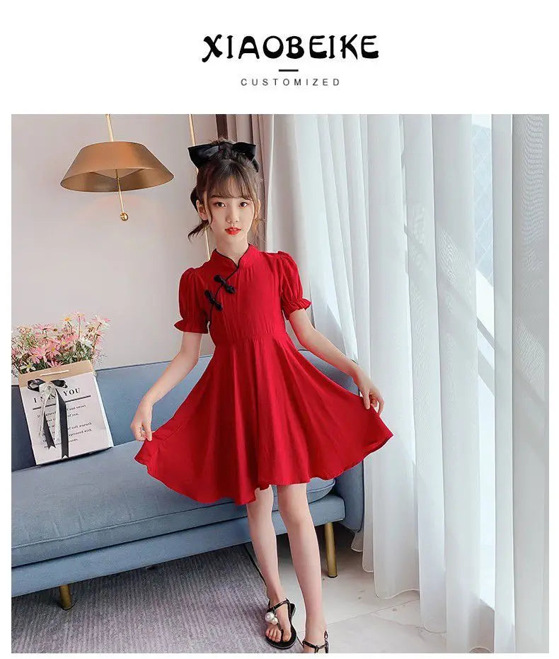 2026 Kids Girls Solid Chinese Red Cheongsam Qipao Princess Teenager New Year Dresses Clothing 4 7 8 9 10 12 14 Years