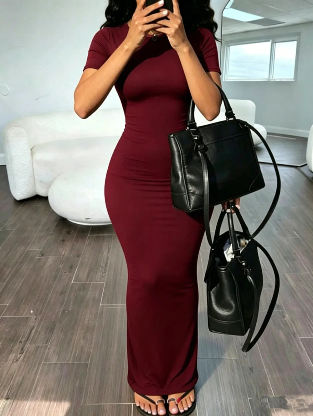 Sexy Skinny Women's Bodycon Party Dress Fashion O-neck Short Sleeve Solid Color Wraped Hip Package Long Dress Female Sexy Dress