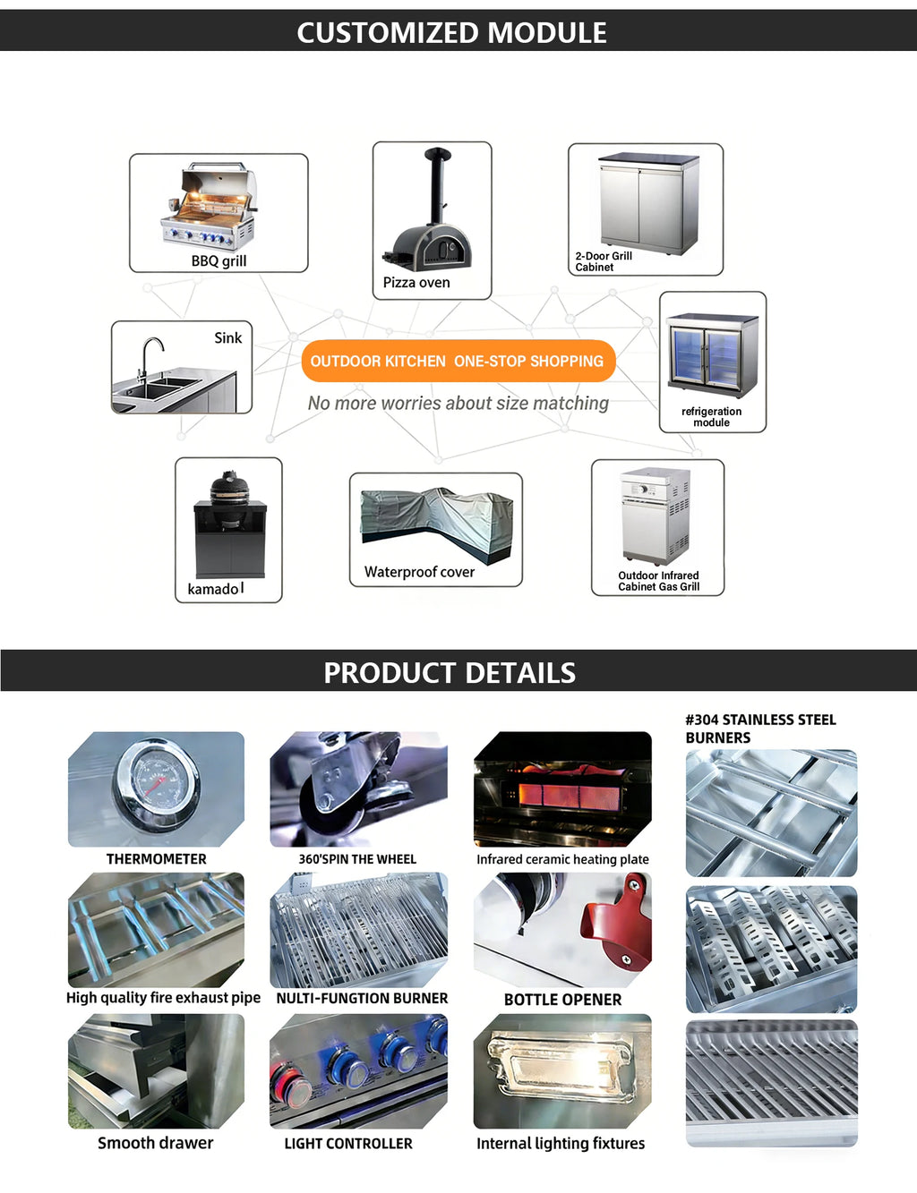 Outdoor Kitchen Set 304 Stainless Steel Grill Sink Fridge Commercial and Residential Multi Function