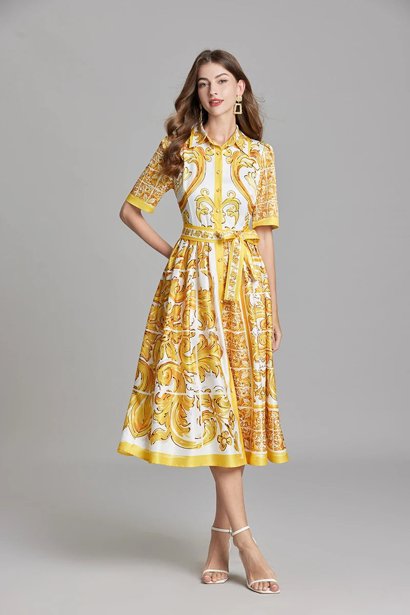 Summer Holiday Yellow Paisley Print Shirt Dresses Women's Turn Down Neck Short Sleeve Belt High Waist Beach Party Vestidos