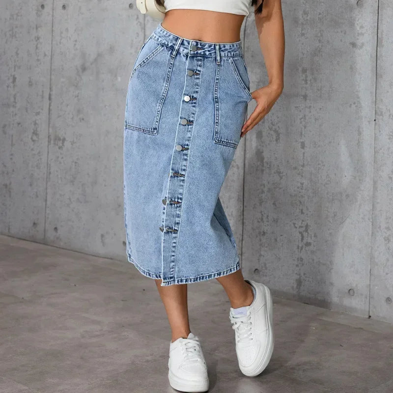 Women Waist Stretchy Denim Pencil Skirt, Midi Knee Length Slit Bodycon Flattering Casual Daily Streetwear Chic Ladies Midi Skirt