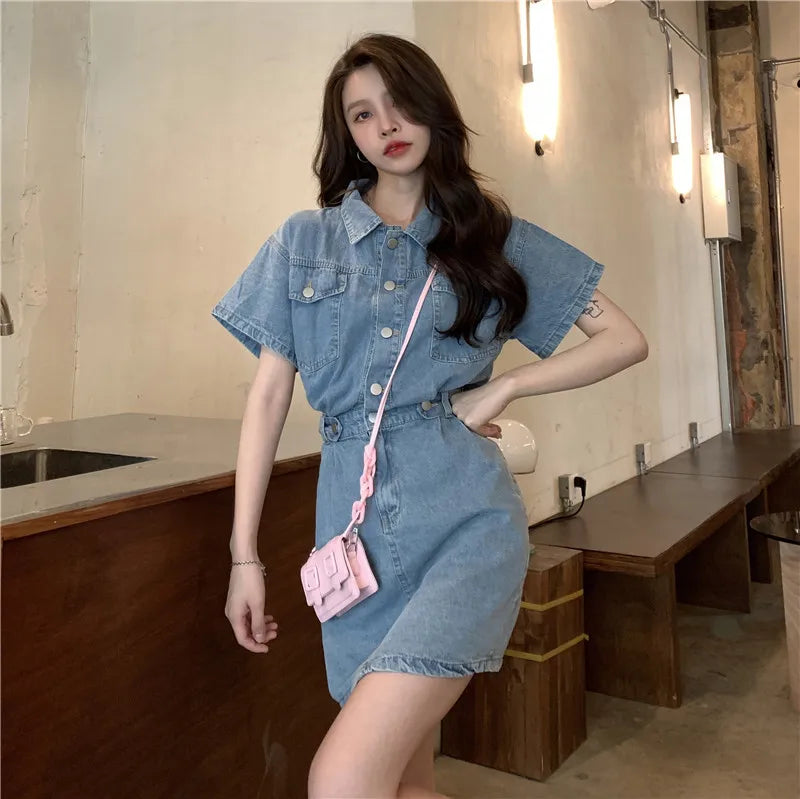 Women Vintage Denim Shirt Dress High Waist A-line Jean Mini Dress for Ladies Retro Y2K Streetwear Dresses for Women Party Outfit