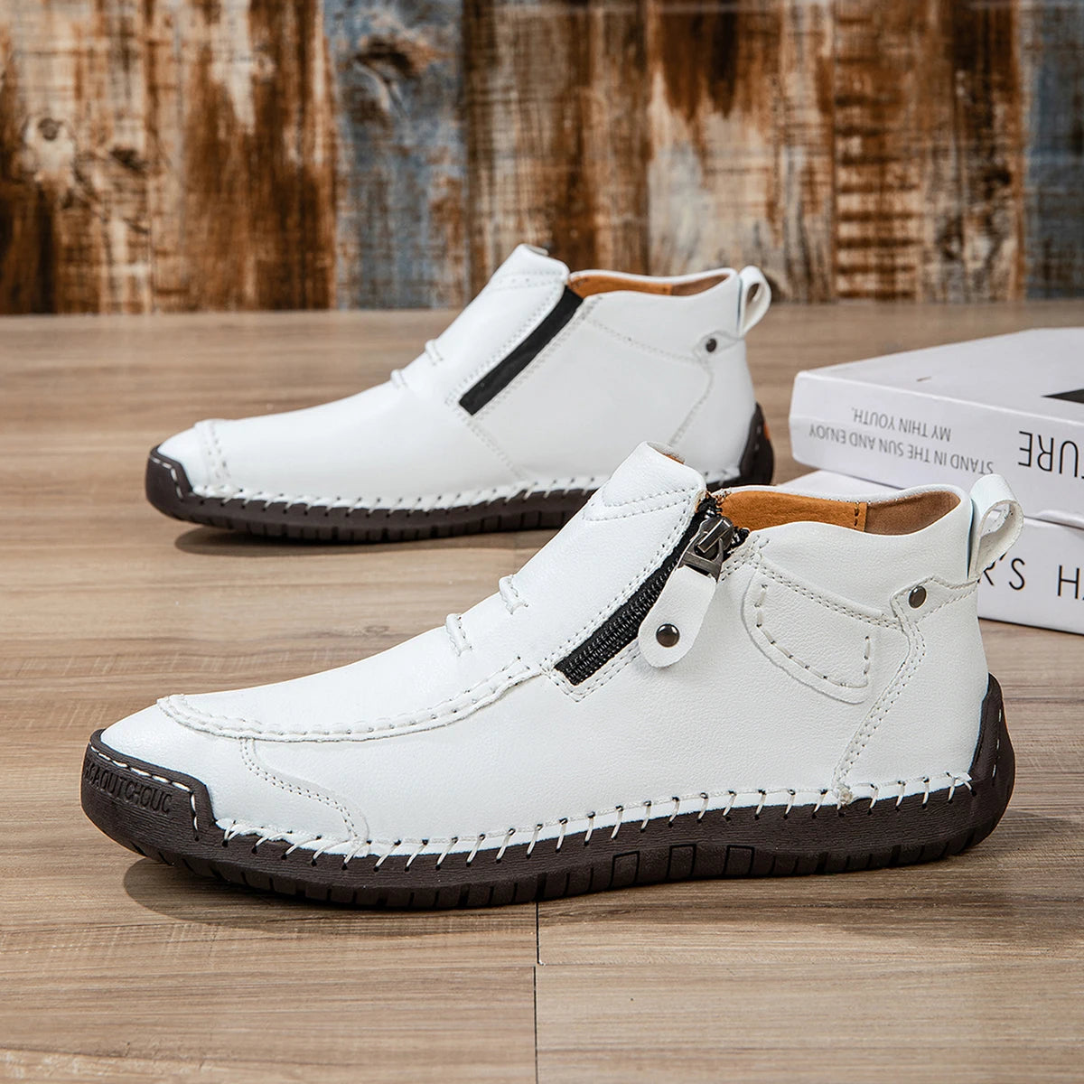 Handmade Leather Casual Shoes for Men Sneakers Men Flat Footwear Zipper Leather Boots Men Ankle Outdoor Walking Plus Size 39-48