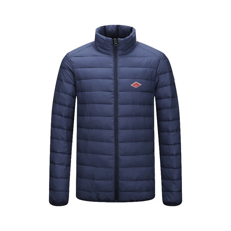 Winter Korean Style Men With Embroidery Logo Front Light Thin Hooded Down Long sleeves Zipper Turtleneck Jacket Warm Windproof