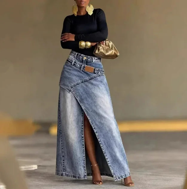 2026 New Irregular Split Denim Skirt Women Fashion Loose Double Waist Stitch Design A-Line Long Skirt Casual Street Jean Skirts