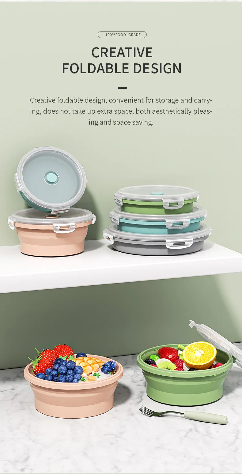 1PCS Food grade round portable foldable silicone lunch box refrigerator microwave oven lunch box storage box outdoor lunch box