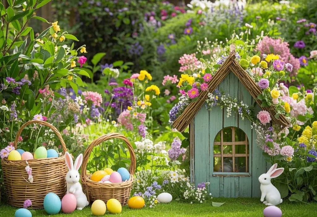 Happy Easter Day Photography Background Blue Wood Board Easter Egg Spring Flower Rabbit Kid Birthday Portrait Photocall Backdrop