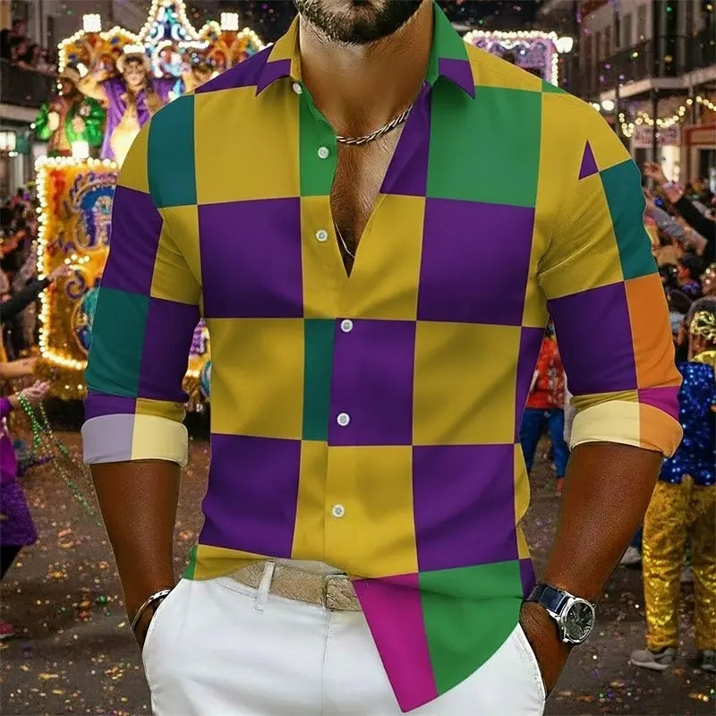 Carnival Men's Plaid Satin Shirt Button Down Shirt Casual Shirt Long Sleeve Hawaiian Casual Outdoor Vacation Party Spring Fall