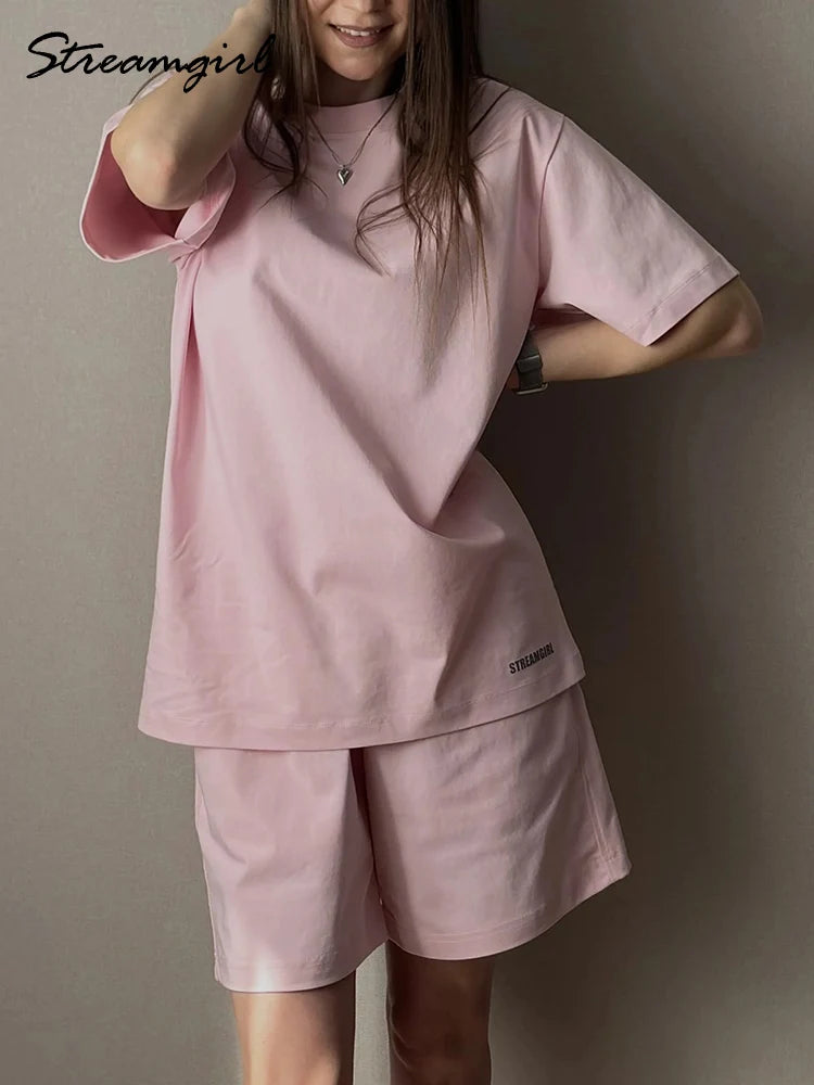 Summer 2 Piece Shorts Set Woman Cotton Brown Oversized T Shirts And Shorts Two Pieces Outfits For Women White Short Sets Pink