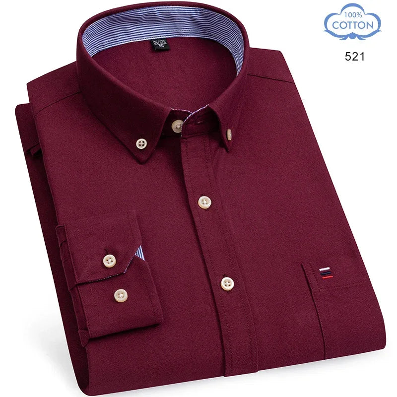 2025 Men's Social Shirt Pure Cotton Oxford Luxury Brand Thin Soft Buttoned Plaid Formal Work Western Clothing