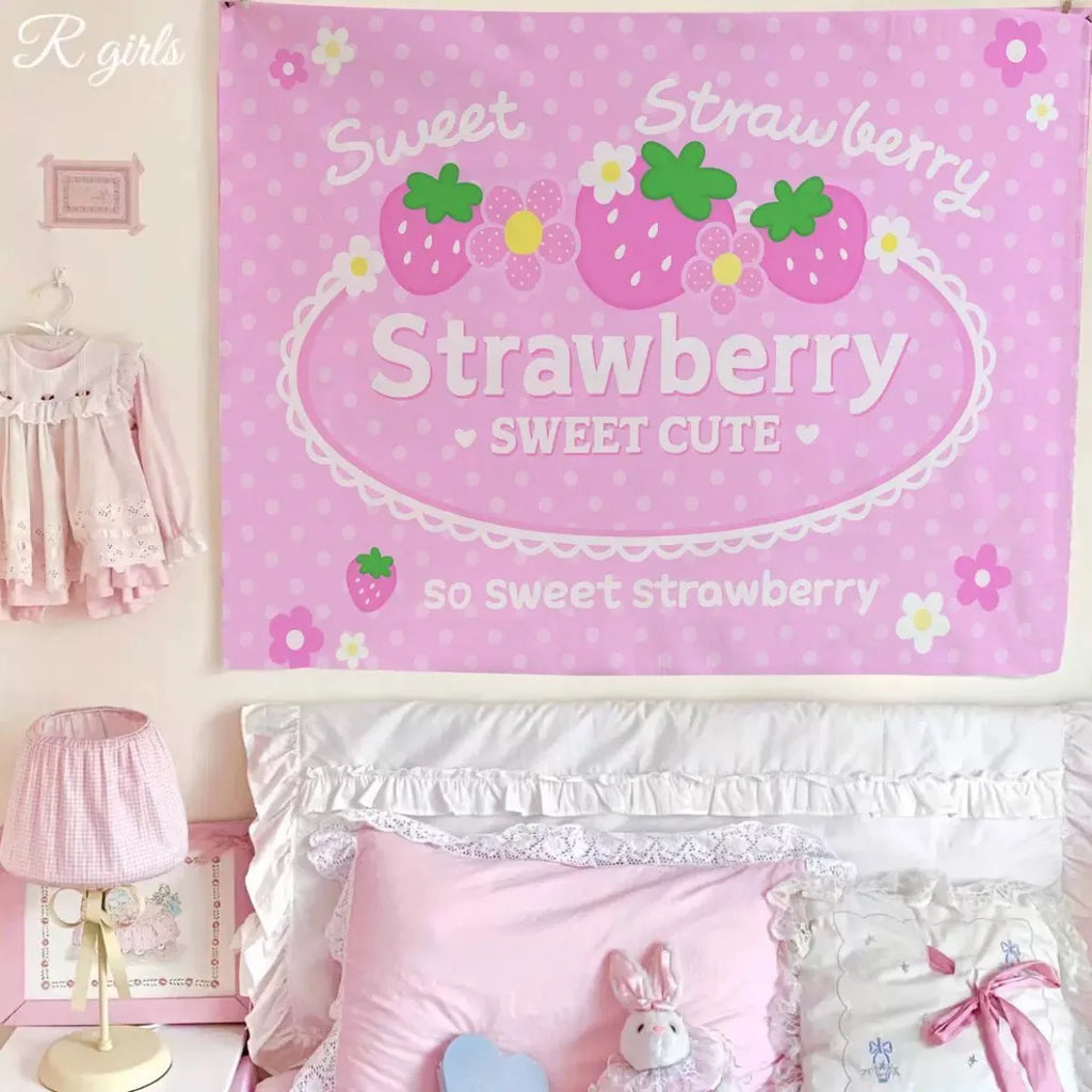 Sweet Pink Strawberry Tapestry, Polka Dot Wall Hanging, Cute Kawaii Background Cloth for Bedroom Dorm Aesthetic Decor
