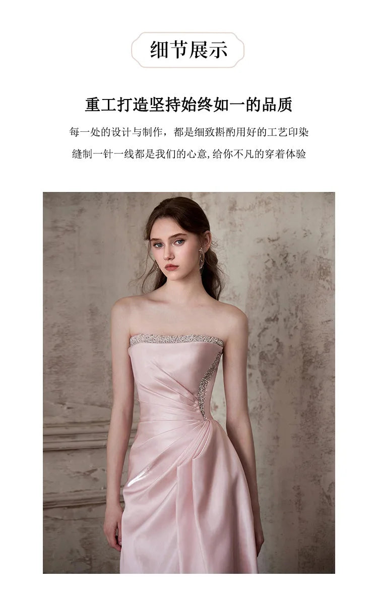 DEAT Fashion Pink Patchwork Sequined Strapless Dress Women's Slim Fit Waist Contraction Flods Floor-length Dresses New  7A2987
