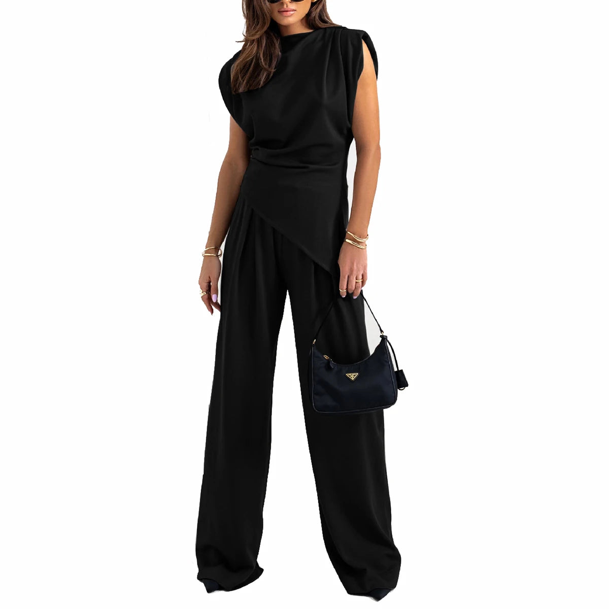 Elegant Simple Women Solid Color Sleeveless Two-piece Set Fashion High Street Irregular Outfit Straight Commuting Top Pants Suit