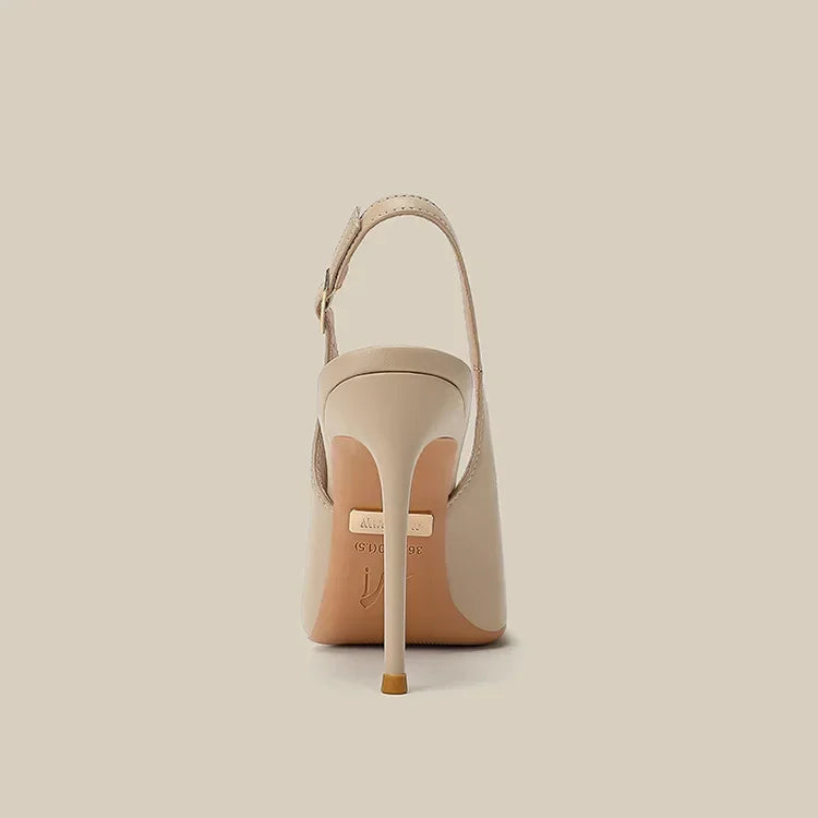 2026 New Slim Heel Flat Buckle Toe Back Empty Sandals with Pointed Soft Leather Toe Strap for Women's Commuting Single Shoes