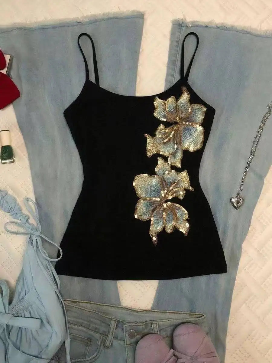 American Retro Flower Printed Halter Camis Y2K Harajuku Streetwear Vest Women Slim Sexy Chic Sleeveless Camisole Tops