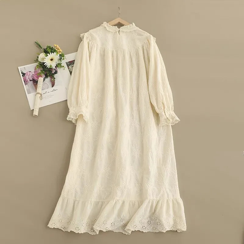 Vintage Embroidery Hollow Out Cotton Linen Dress Women Spring Mori Girl Lace Ruffled Casual Long Sleeve Loose Pullover Vestidos