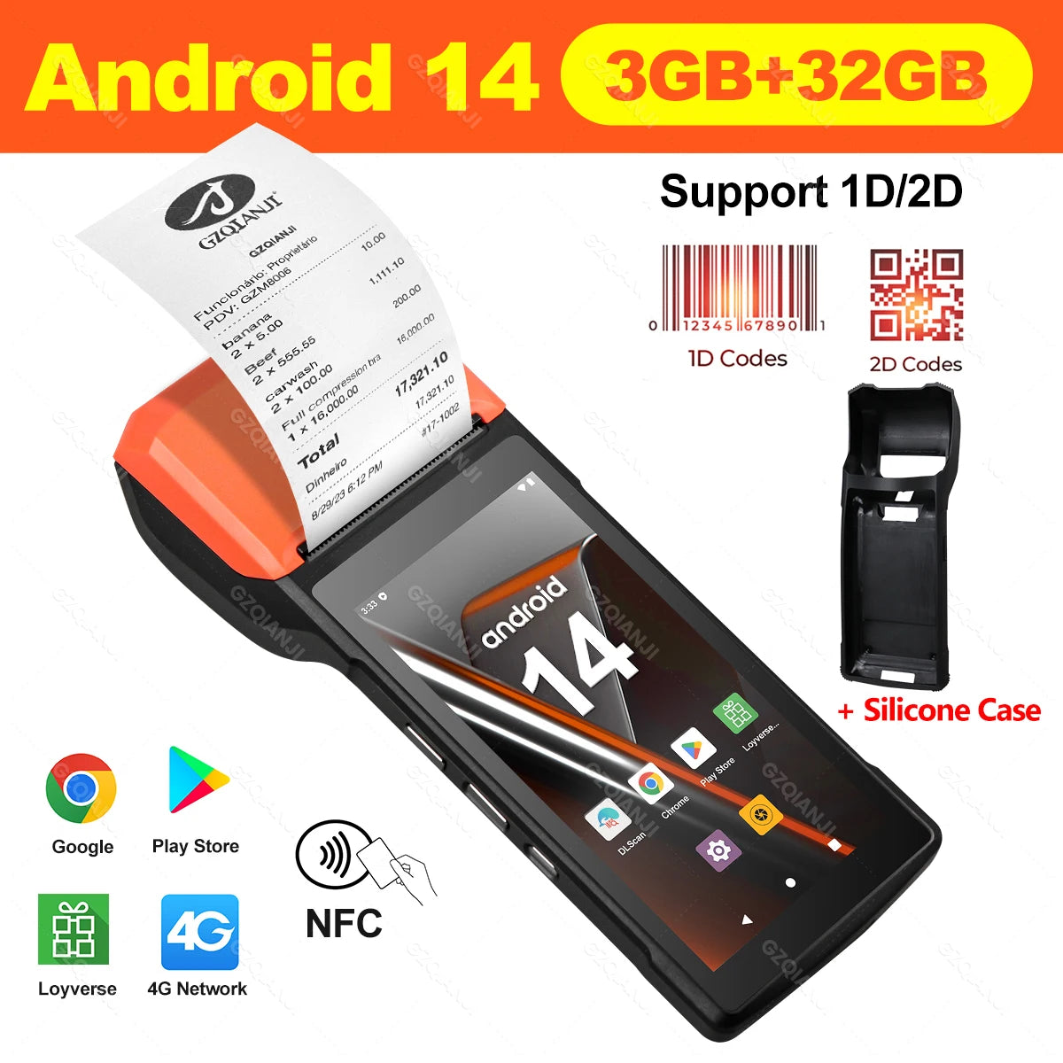 4G Android 14 Upgrade POS Terminal with NFC Handheld Thermal 58mm POS Printer 1D 2D Barcode Scanner All in One for Business