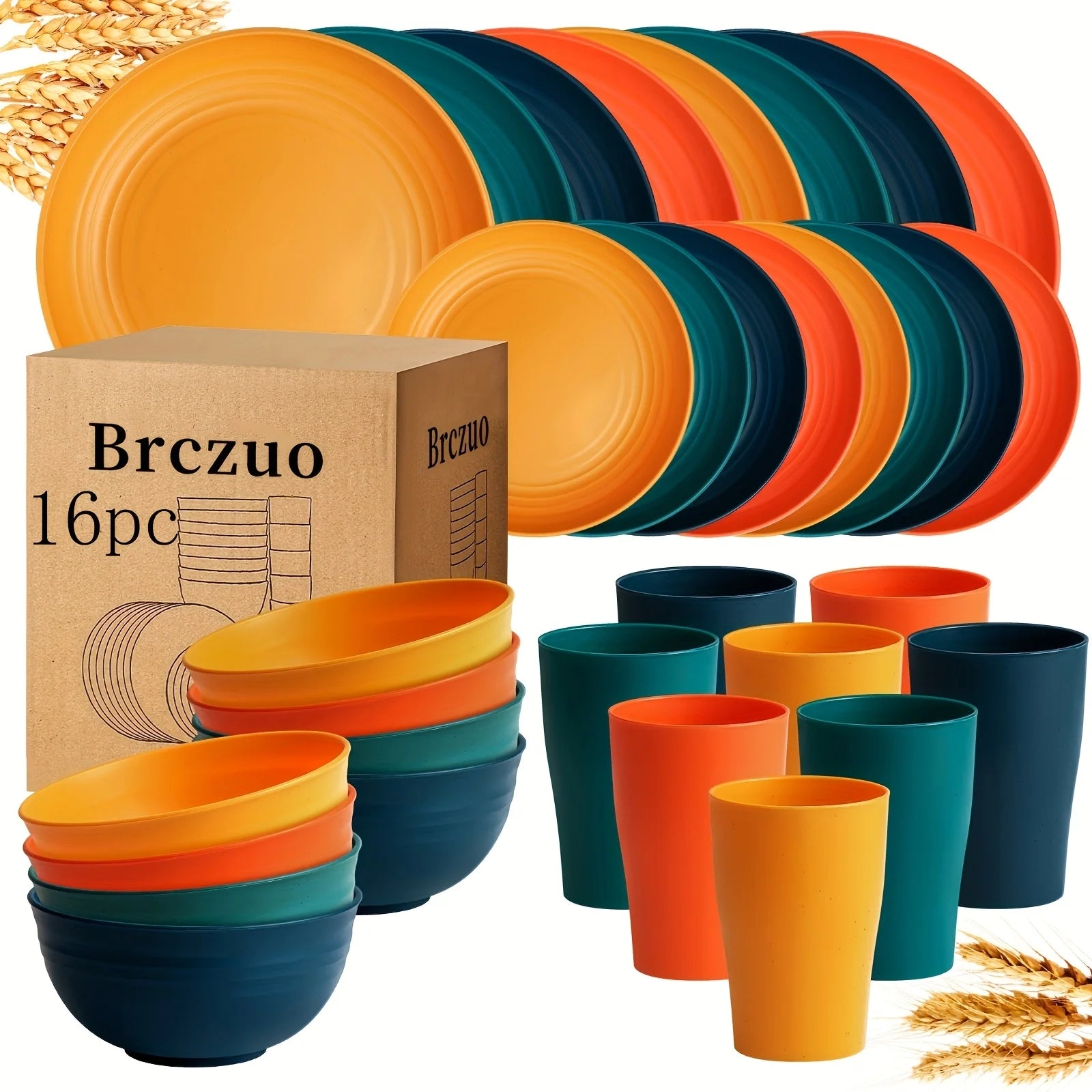 16Kitchen Set Made from Plastic Wheat Straw, Suitable for 4/8 People, Includes Plates, Dessert Plates, Cereal Bowls,
