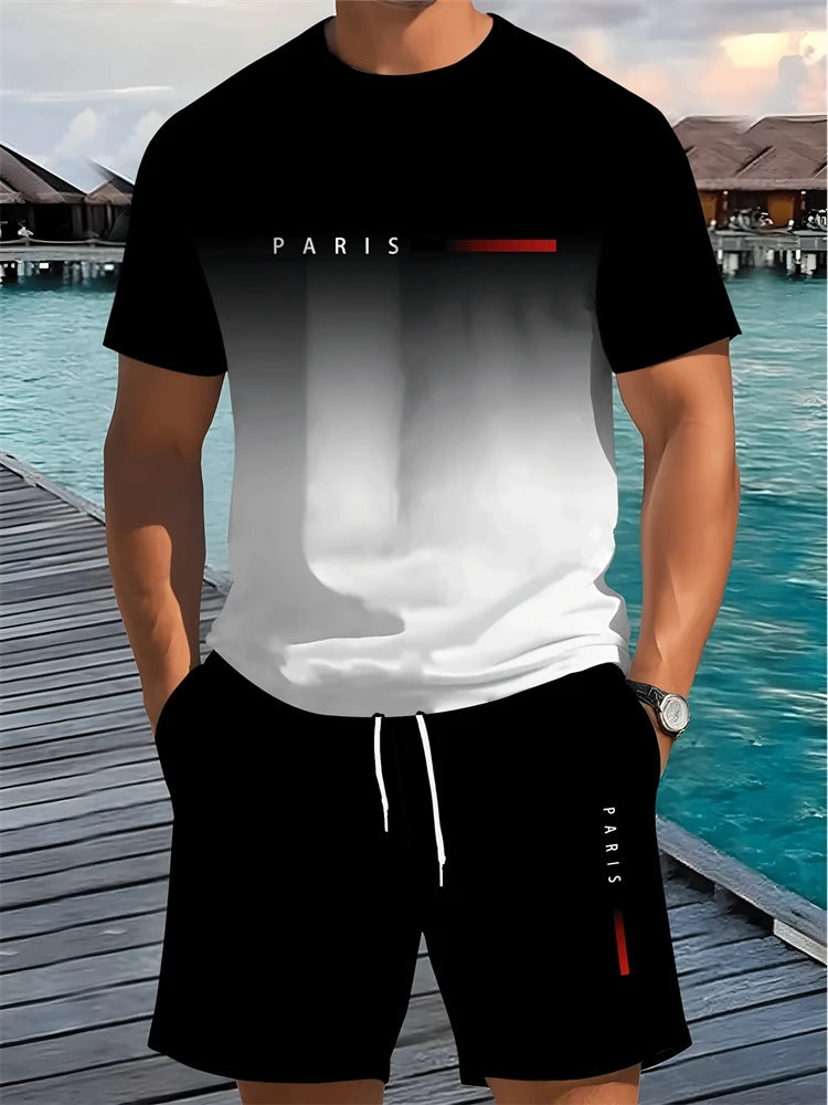 2025 Summer New Two-piece Men's Casual Striped Pattern Printed Short-sleeved T-shirt And Sports Shorts Suit Fitness Sports Suit