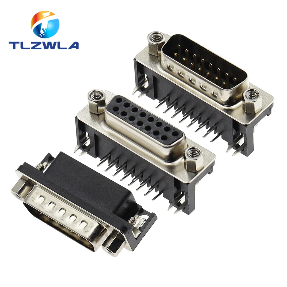 10Pcs Sample Black Male/Female DB15 DR15 D-Sub Right Angle Double Row Pins PCB Mount VGA Port Connector Socket With Screw Nuts