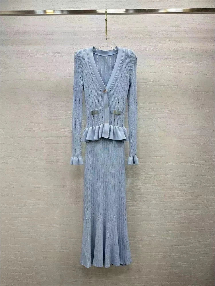 Celebrity temperament blue V-neck knitted women's dress ruffled splicing stretch Slim long fishtail dresses 2024 summer new