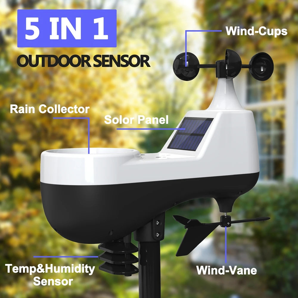 Tuya Wireless Weather Station Auto Alarm Clock Calendar Thermo-Hygrometer UV Wind Rainfall Gauge Solar Panel Forecast Sensor