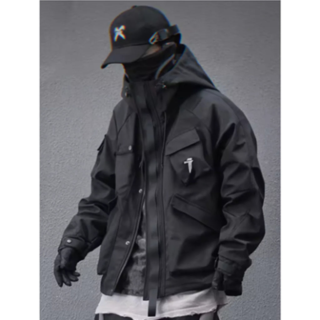 Spring New 2025 Outdoor Hardshell Jacket Men's Loose Punk Style High Street Stand Collar Hooded Coat Fashion Personality Top