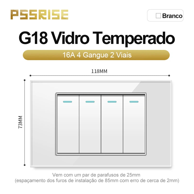 PSSRISE White Tempered Glass Standard sockets and switches brazil Switzerland Usb Type C Wall Socket Light Switch Smart Switch