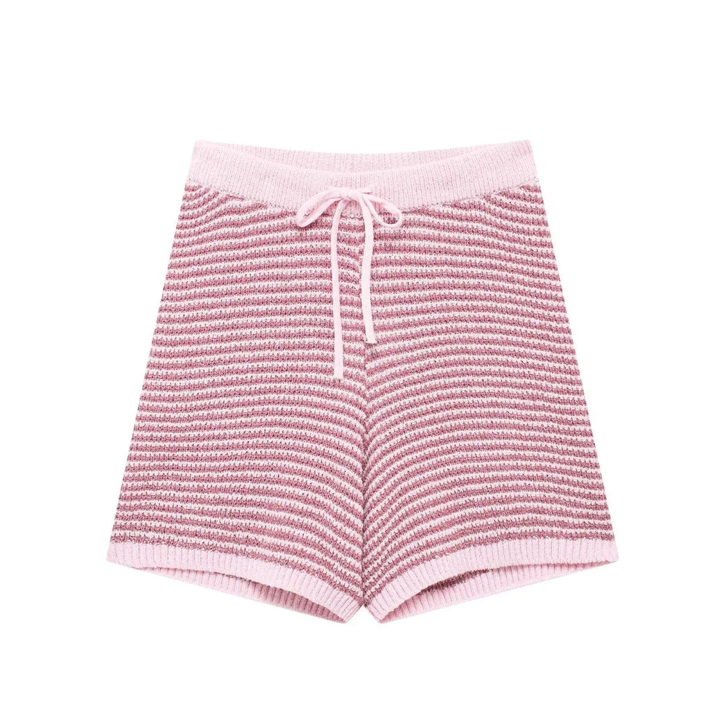 Holiday Retro Shorts Suit Summer New Women V Neck Knitted Tops Casual Lace Up Shorts Korean Fashion 2 Piece Sets Womens Outfits