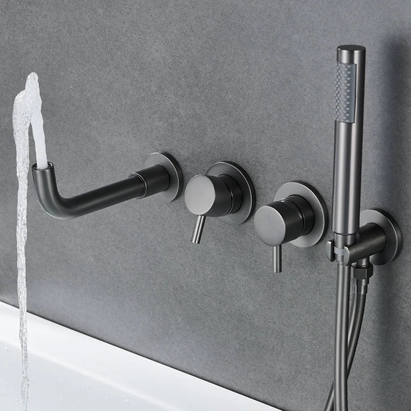 Farrete Concealed Wall-Mounted Bathtub Faucet Gun Grey All-Copper Built-In Cold and Hot Shower Head Set Bathroom Brushed Gold