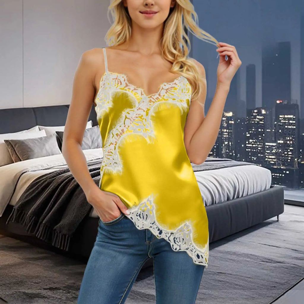 Women Lace Trim Satin High Low Vest Camisole Silk Spaghetti Strap Irregular Hem Tank Tops Y2k Asymmetrical Tanks and Camis