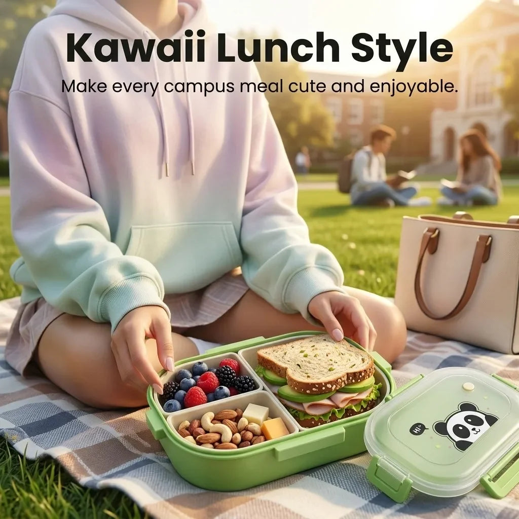 Microwaveable Plastic Lunch Box With 3 Compartments Cartoon Kids Divided Bento Box Portable Food Storage Container School Picnic