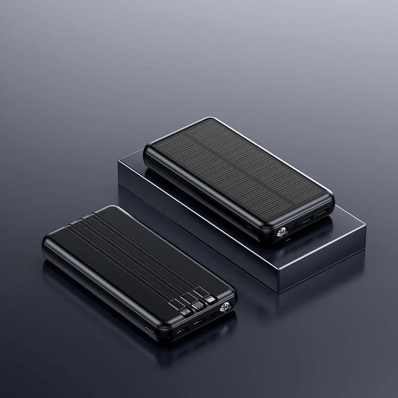 30000mAh Solar Power Bank Super Fast Charging Compact Portable Built-in 4 Cable High Capacity External Battery with Led Light