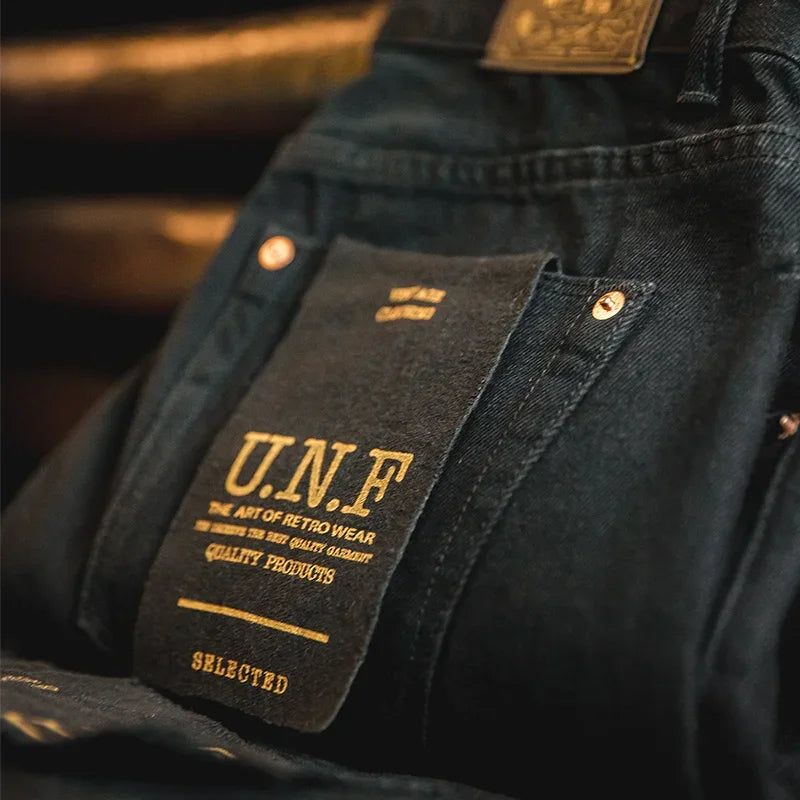 Maden 12.8oz Black Washed Denim Jeans Men's Vintage Mid Rise Straight Classic Casual Zip Fly Pants for Autumn Versatile Trousers