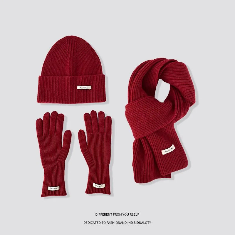 Knitted Winter Scarf Woman Solid Color Hat Scarf Gloves Women's Windproof Adult Three-piece Set Fashion Women's Scarf Hat Set