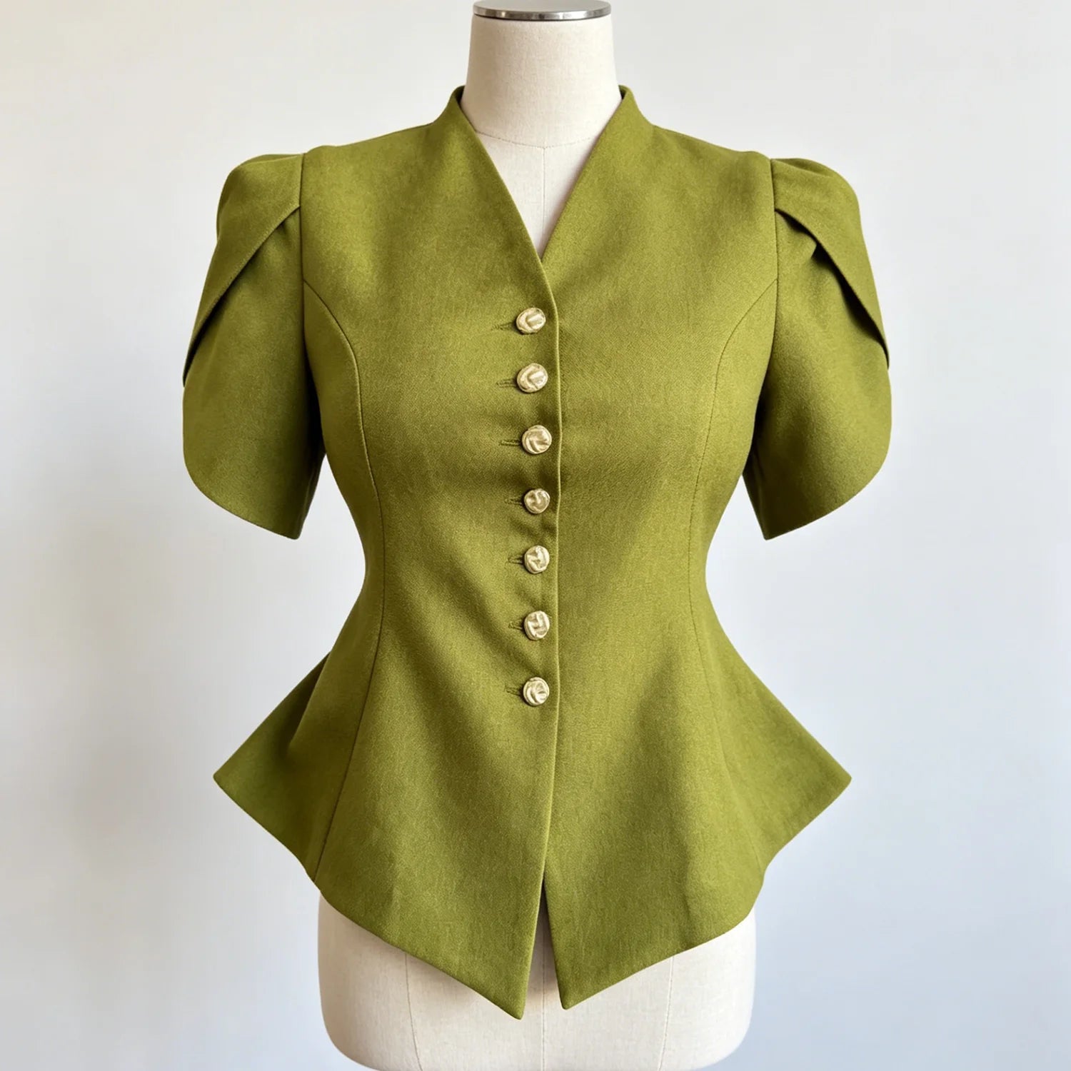LIMO Peplum Blazer Top with V-Neck, Puff Sleeves and Decorative Buttons