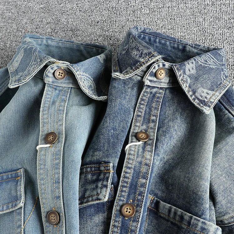 Heavy collar cashew flower embroidery design sense of British vintage denim shirt men's autumn trend coat with long sleeves
