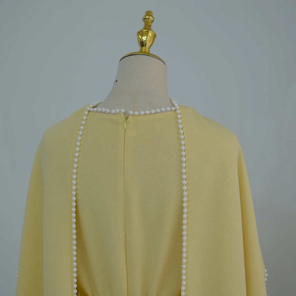 White Pearl Trim Cape Maxi Dress Women Elegant Long Sleeve Cinched Waist Muslim Robes 2026 Spring EID Abaya Lady Dresses