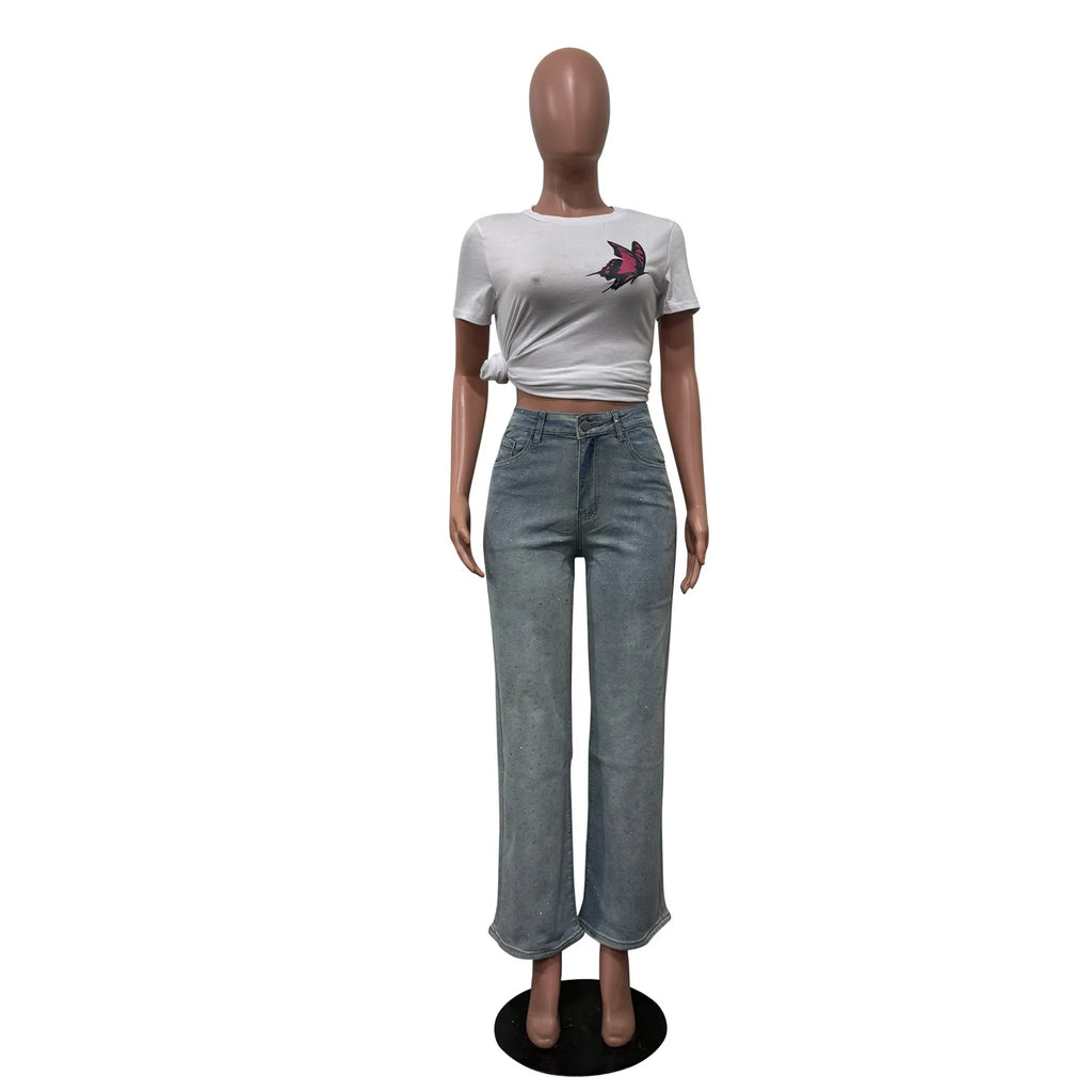 Women's Outfit Featuring Diamond-studded Washed Denim Pants Women's High-waisted Straight-leg Pants, and "hot Girl" Style Pants.