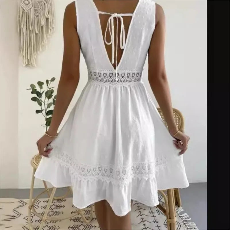 Women's White Party Dress Fashion Lace V-neck Ruffle Hook Flower Hollow Waist Mini Women Dresses Summer Sexy Prom Female Vestido
