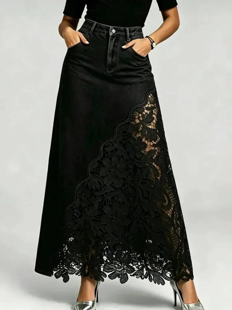 Women Denim Maxi Skirt High Waist Washed Lace Splicing Casual Streetwear Floral Hollow Pocket Summer 2026 New