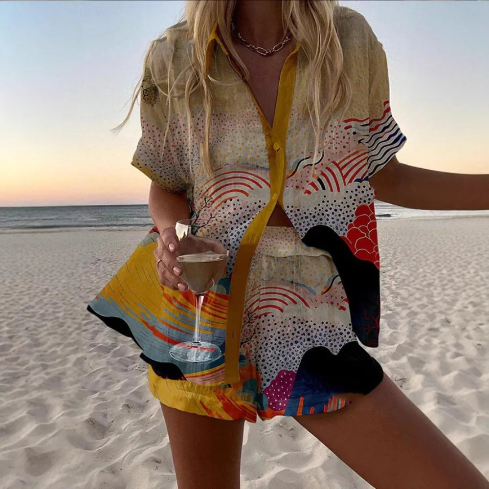 Personalized and Vibrant Beach Style 3D Digital Printed Loose Thin Shirt Casual Summer Women's Top Shorts Two-piece Set