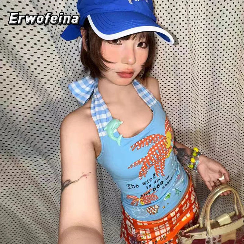 Erwofeina Hotsweet Blue Patchwork Plaid Halter Tops 2000s Clothes Y2k Sleeveless Camis Summer Tank Tops Beach Camisole Chic