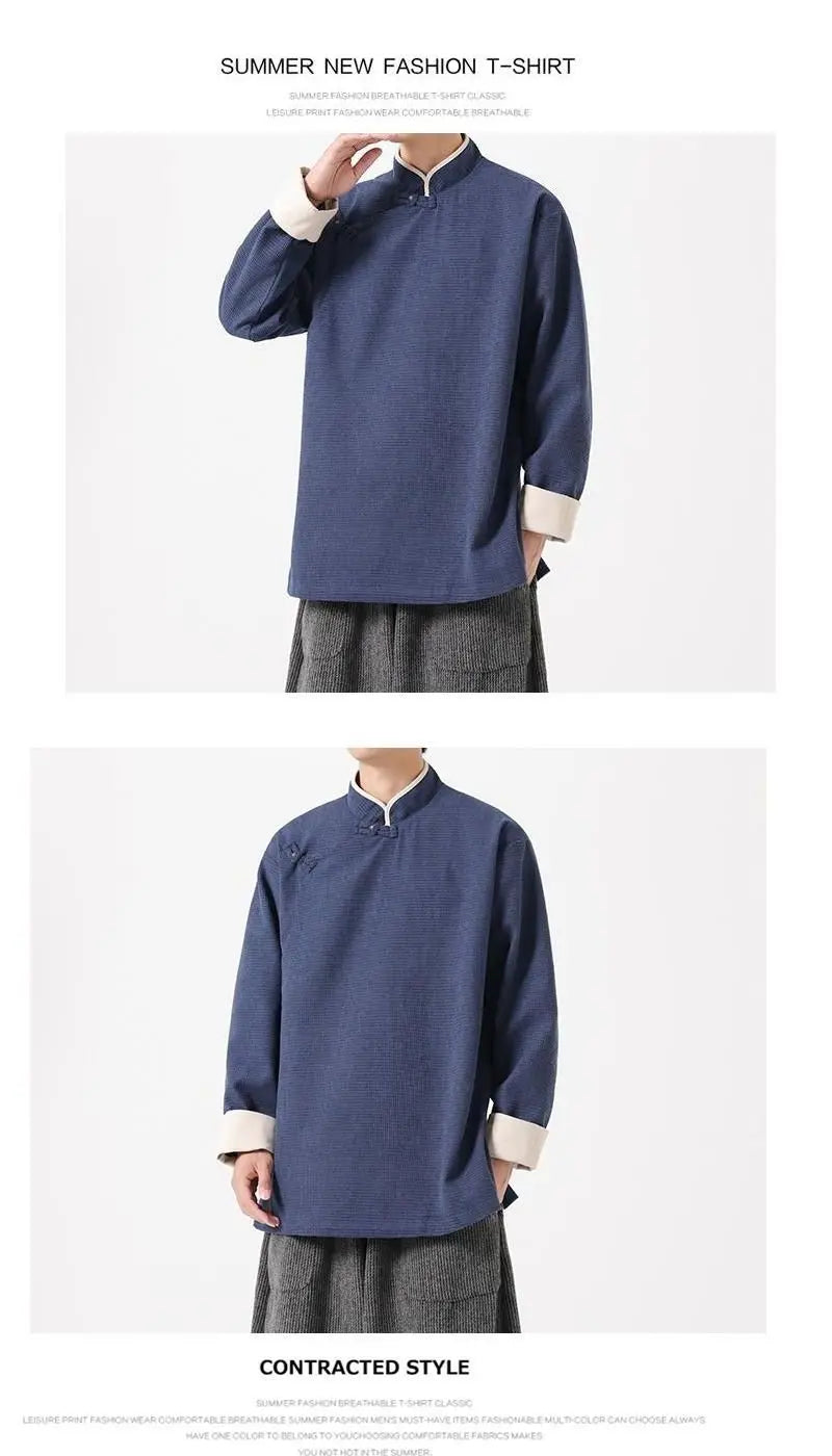 Autumn Winter Chinese Style Blouse Long-sleeved Jacket Men's Chinese Tang Suit Hanfu Lay Buddhist Zen Suit Tea Suit Slanted Top