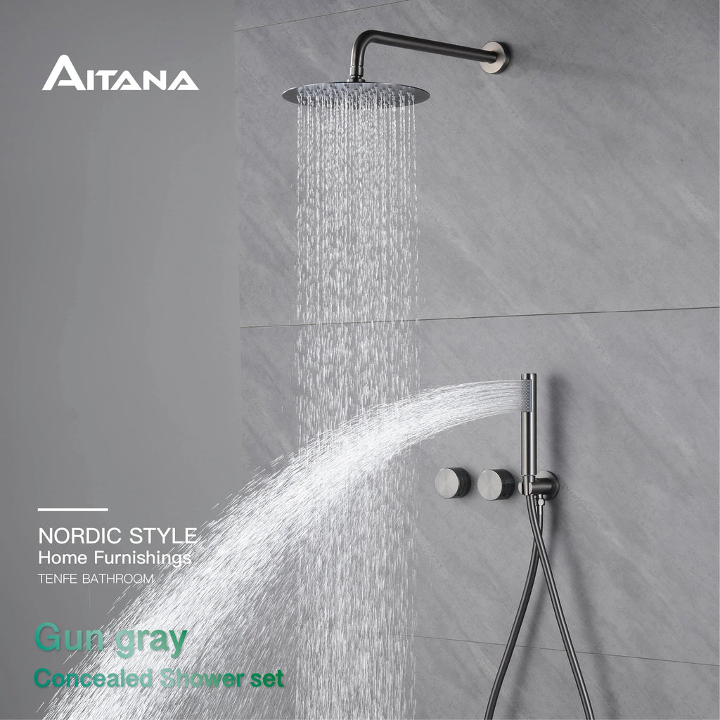 Luxury Gun Gray Brass Wall Mounted Shower System with Embedded Design, Dual Handle Hot and Cold Water, Simple Bathroom Faucet