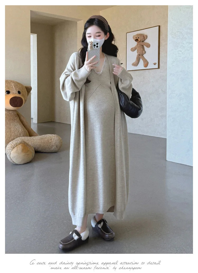 Maternity Suit  Autumn High-End Lazy Style Versatile Long Coat And Lace Paneled V Neck Straight Tank Dress Two Piece Set