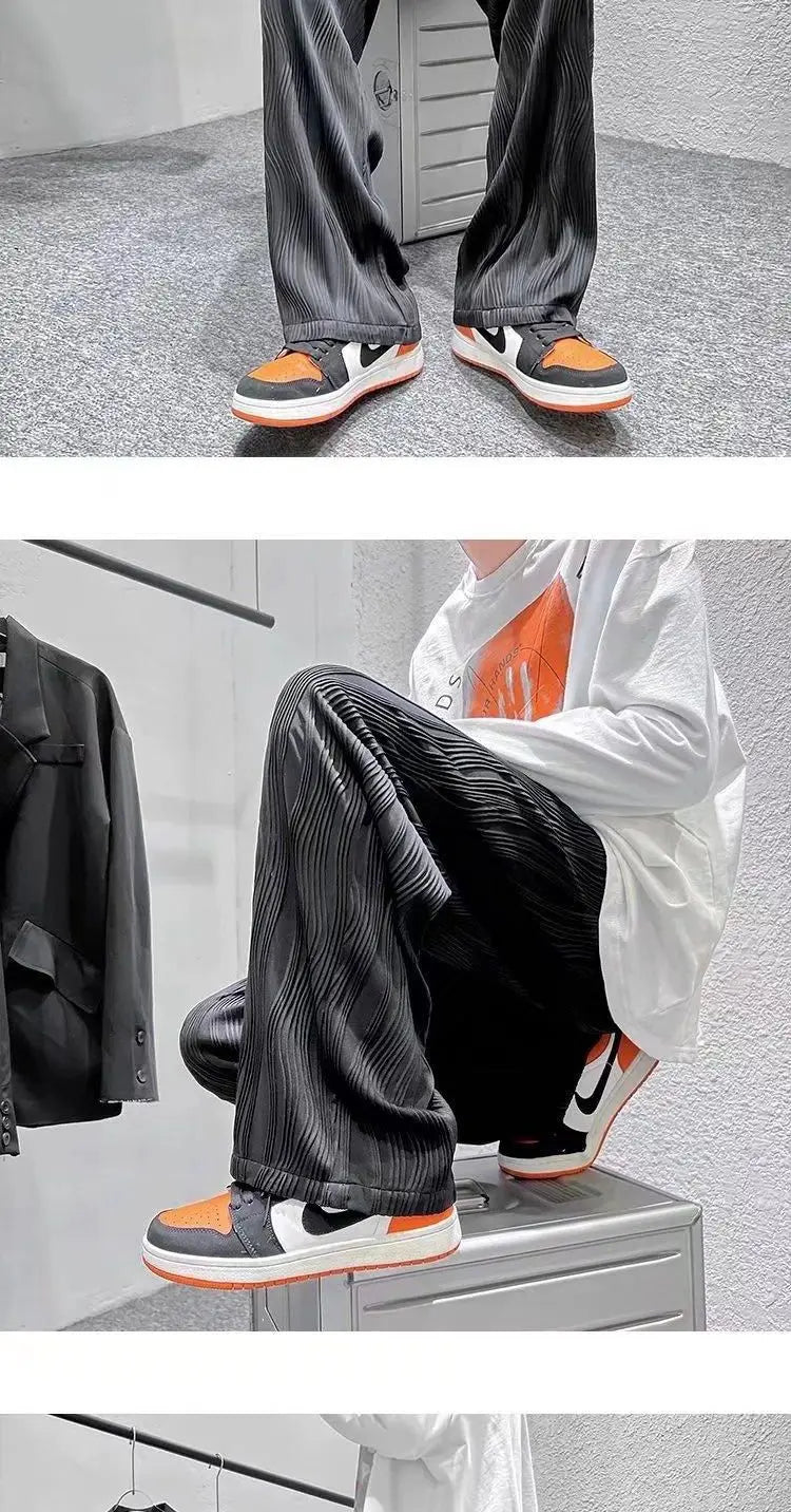 Summer Korean Fashion Simple Ice Silk Wide Leg Pants Men Solid Elastic Waist Pockets Thin High Street Loose Straight Trousers