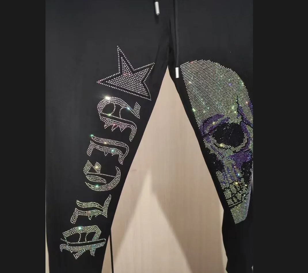 2025 Summer New Luxury Men's Fashion Skull Design Rhinestones T-Shirt Pure Cotton Crew-Neck Casual High Quality